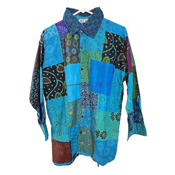 Turquoise Patchwork Unisex Boho Vintage Style Shirt button up front size L New - Picture 1 of 14